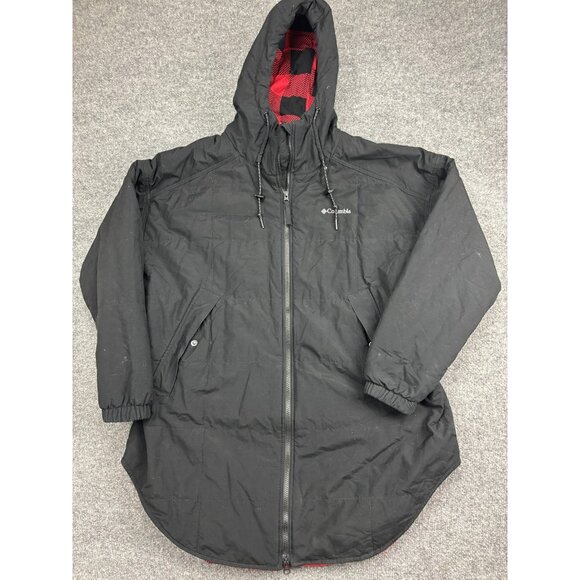 Columbia Jacket Womens 1X Black Hooded Long Parka Buffalo Plaid Lined Insulated - Picture 1 of 8